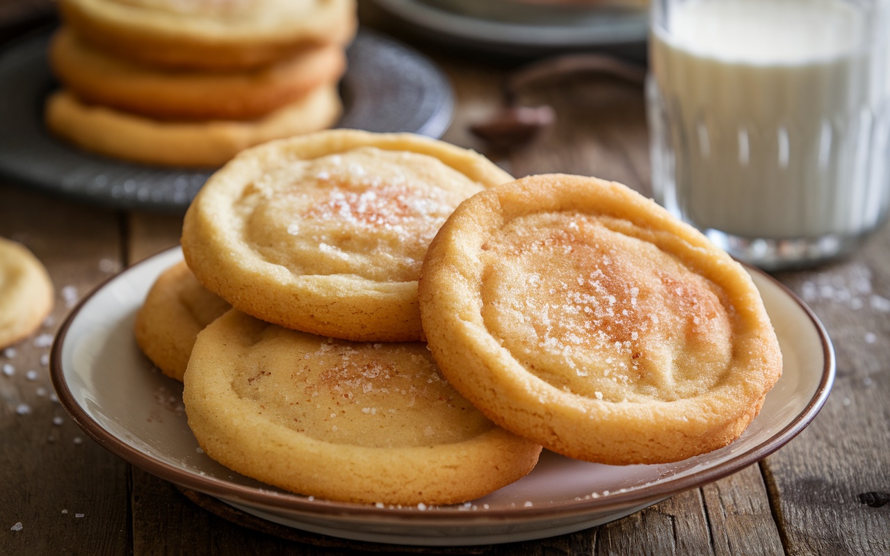 A plate of golden brown sugar cookies sprinkled with sugar, accompanied by a glass of milk on a wooden table.